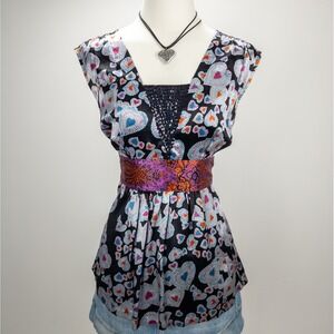 Anthropologie Silk Top - Boho Heart Print Sleeveless Blouse - Women's M‎